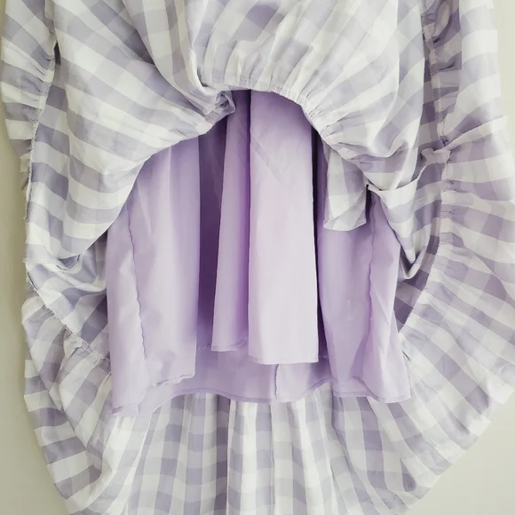 English Factory Gingham Tiered Puff Sleeve Midi Dress Lilac Lined - Picture 5 of 8